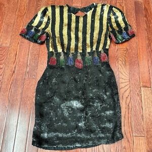 Vintage Handmade Silk Unique Tassel Pattern Striped Gold Black Cocktail Dress